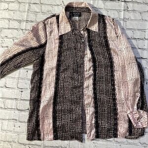 Koos of Course! Womens Pink Black Striped Silk Lace Trim Button Down Shirt L